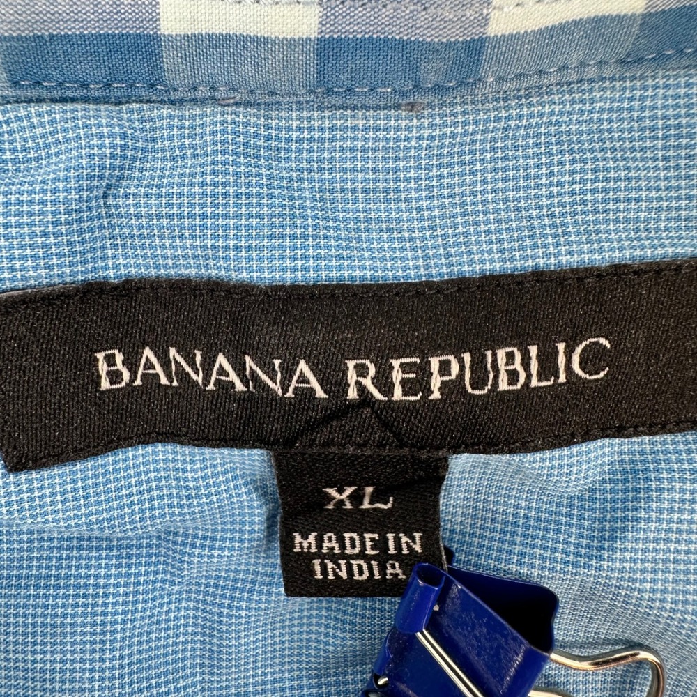 Banana Republic Mens XL Blue White Gingham Short SL Button Down Stretch‎ Shirts - Picture 5 of 16